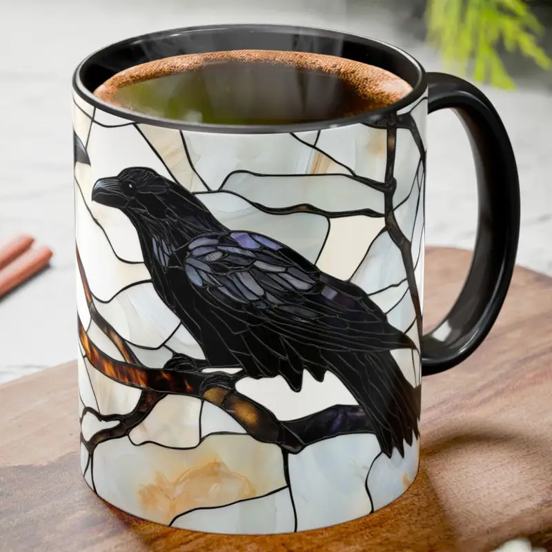Stained glass raven coffee mug.