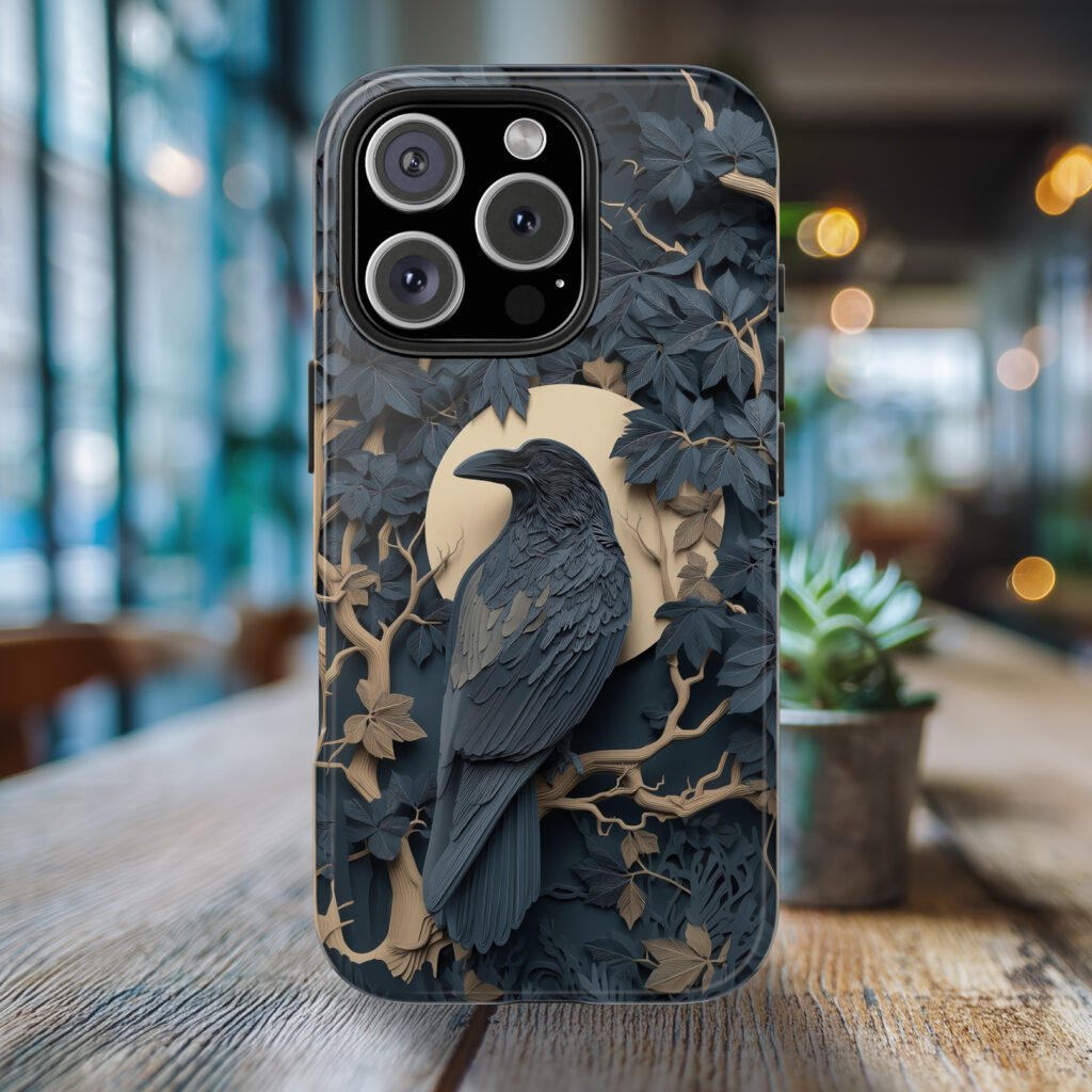 Wooden cutout style raven crow phone case.