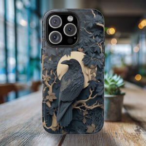 Wooden cutout style raven crow phone case.
