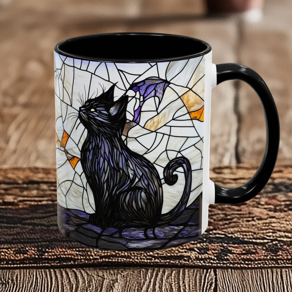 Stained glass black cat coffee mug.