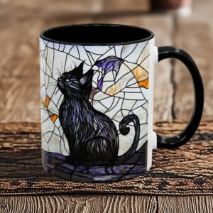 Stained glass black cat coffee mug.