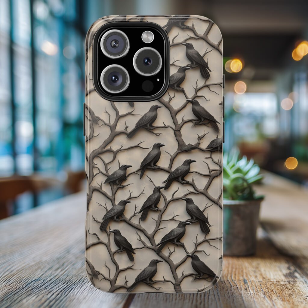 3D raven crow on tree branches pattern phone case.