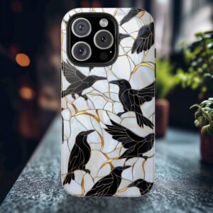 Stained glass style raven phone case.