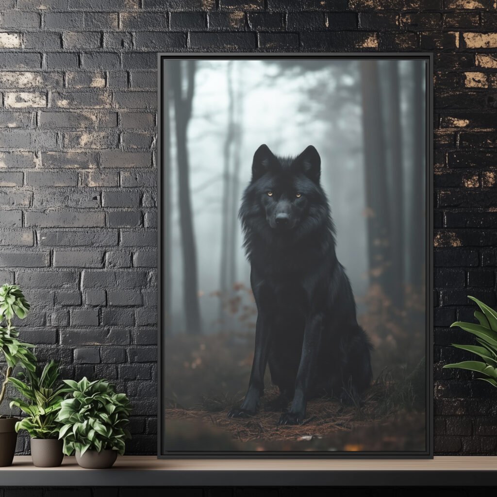Mystic black wolf staring at you - wall art print.