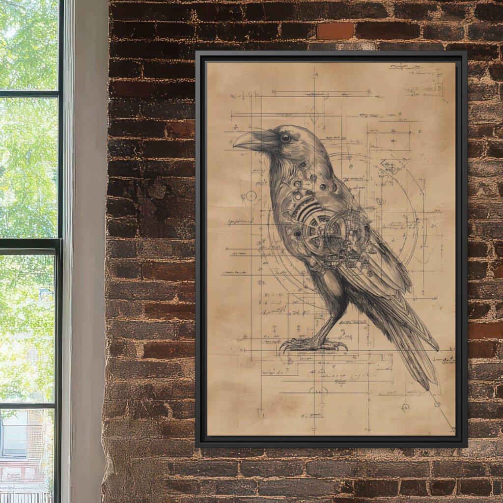 Mechanical raven blueprint wall art print.