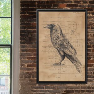 Mechanical raven blueprint wall art print.