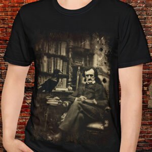 Edgar Allan Poe & Raven Gothic Library T-Shirt – Vintage Sepia Literary Art Tee