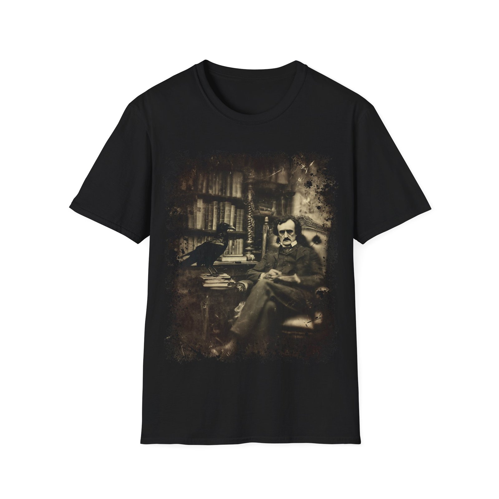 Edgar Allan Poe & Raven Gothic Library T-Shirt – Vintage Sepia Literary Art Tee - Image 2