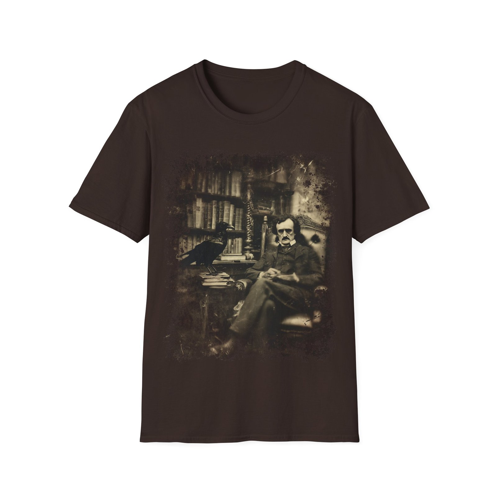 Edgar Allan Poe & Raven Gothic Library T-Shirt – Vintage Sepia Literary Art Tee - Image 4