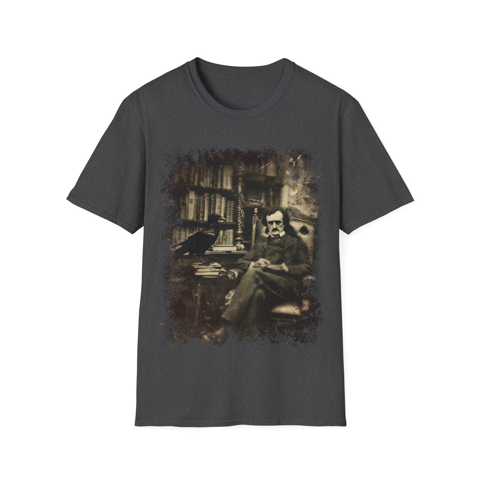 Edgar Allan Poe & Raven Gothic Library T-Shirt – Vintage Sepia Literary Art Tee - Image 6