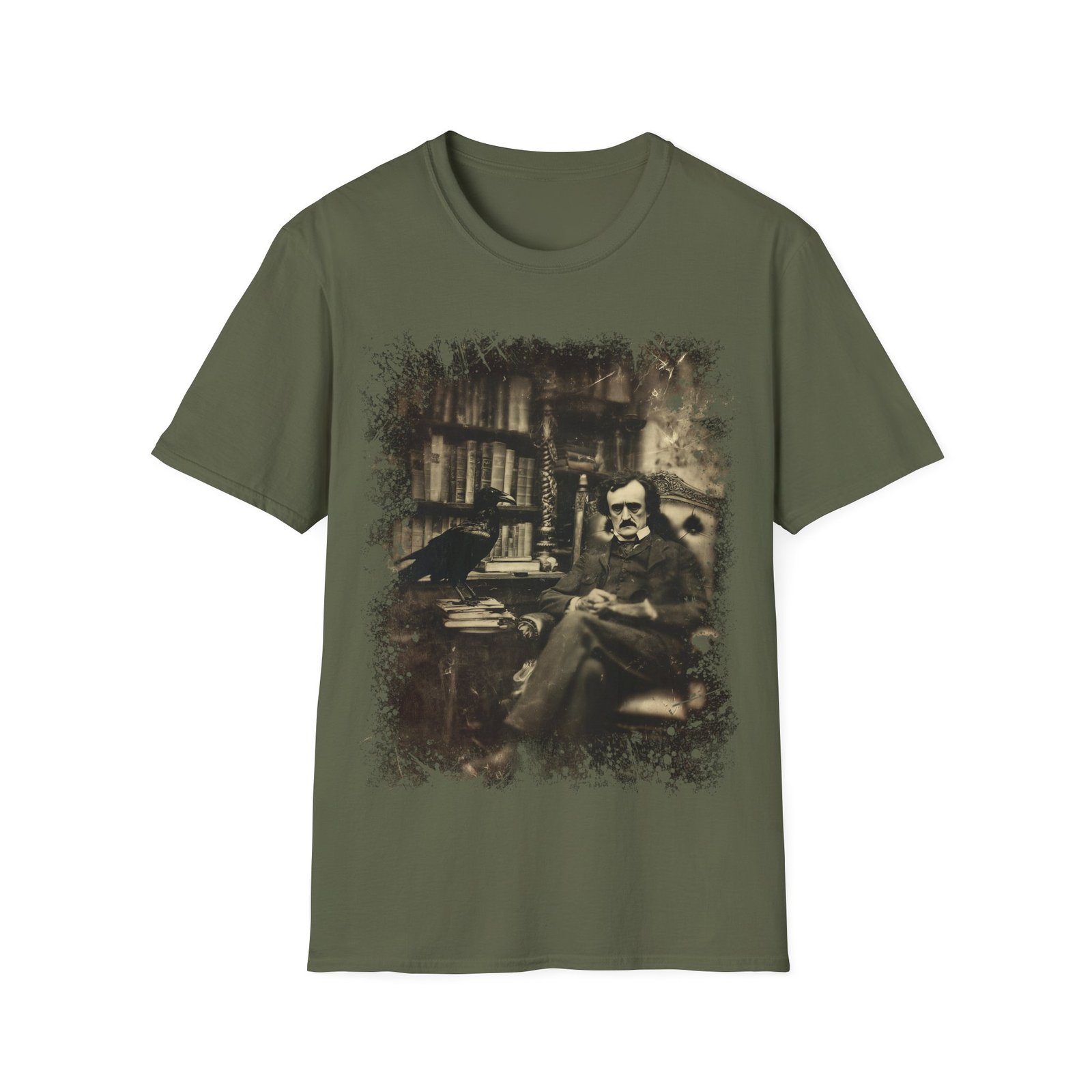 Edgar Allan Poe & Raven Gothic Library T-Shirt – Vintage Sepia Literary Art Tee - Image 5