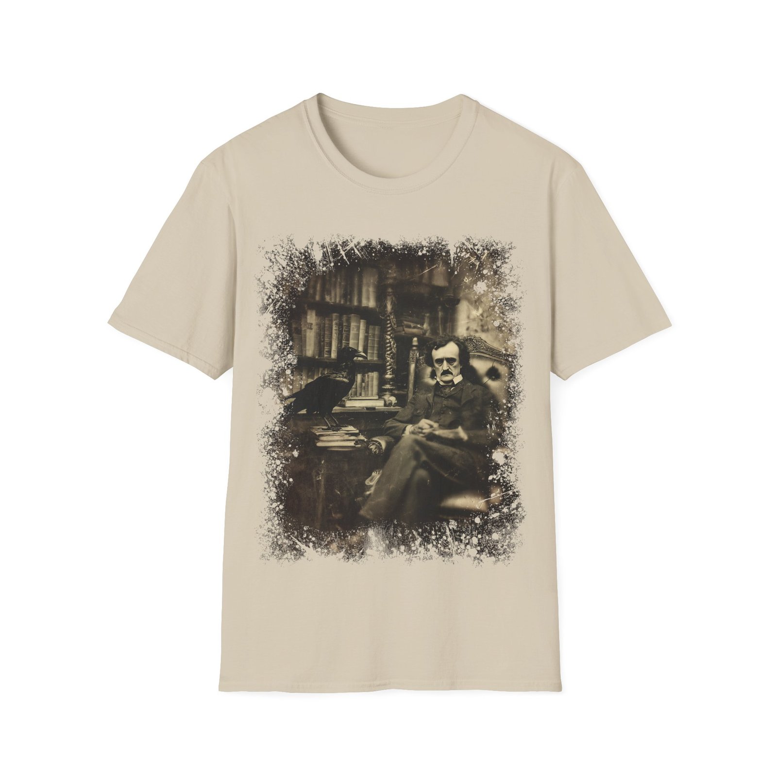 Edgar Allan Poe & Raven Gothic Library T-Shirt – Vintage Sepia Literary Art Tee - Image 3