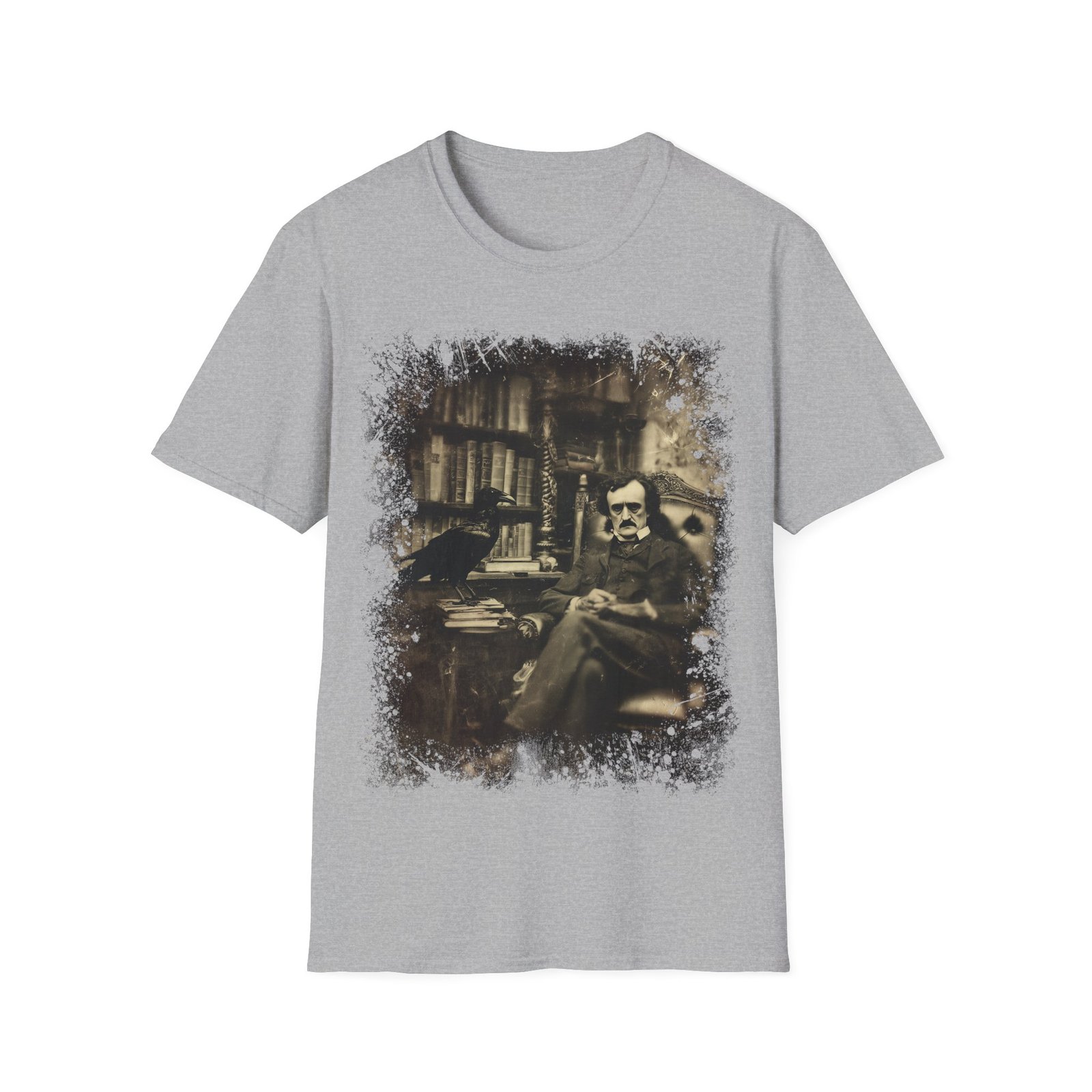 Edgar Allan Poe & Raven Gothic Library T-Shirt – Vintage Sepia Literary Art Tee - Image 8