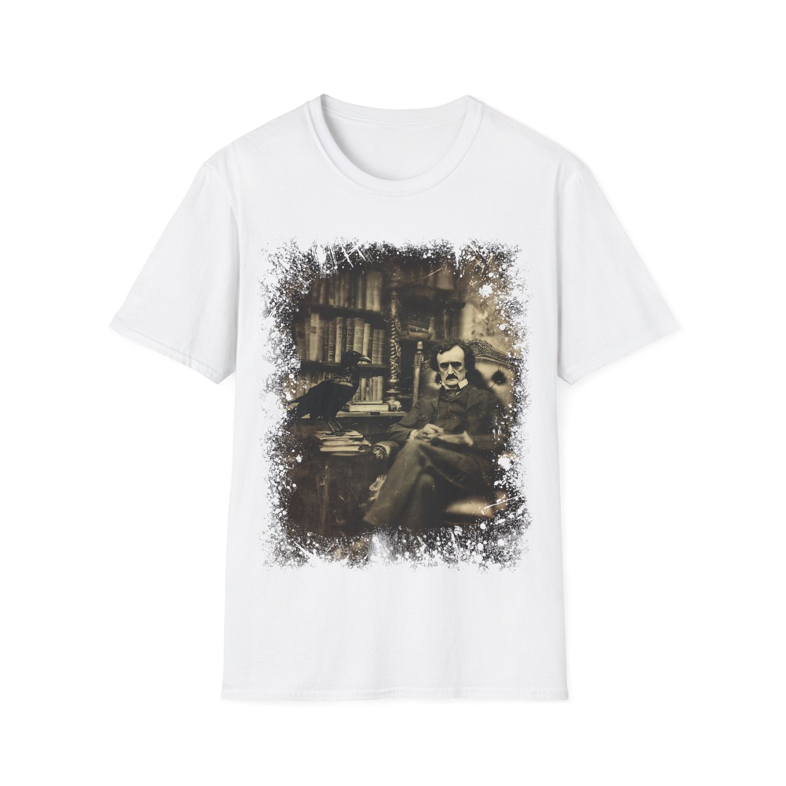 Edgar Allan Poe & Raven Gothic Library T-Shirt – Vintage Sepia Literary Art Tee - Image 9