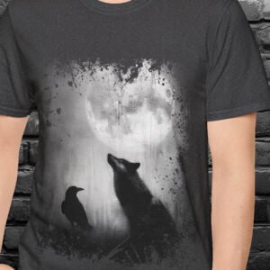 Wolf and raven under moonlight t-shirt.