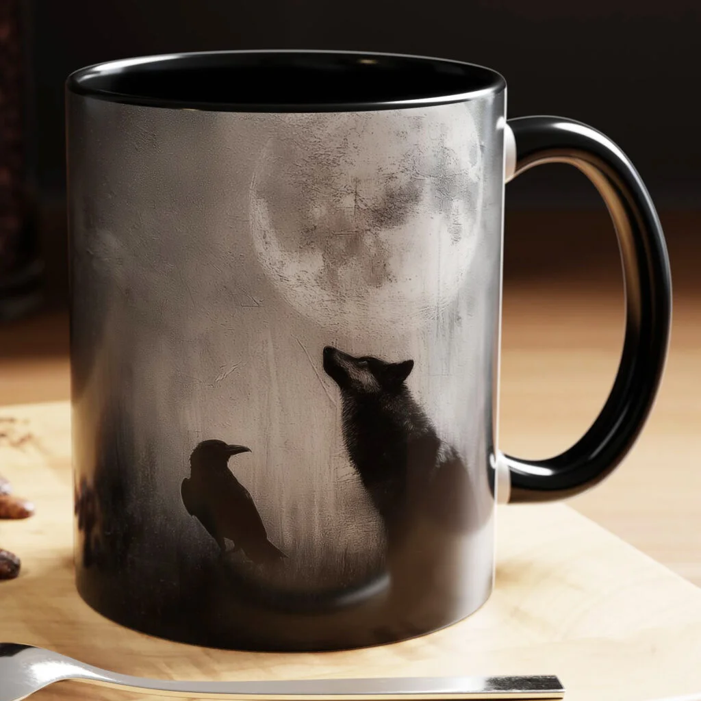 Wolf and Raven under full moon coffee mug.