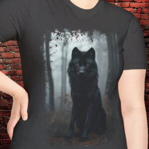 Black wolf in forest t-shirt.