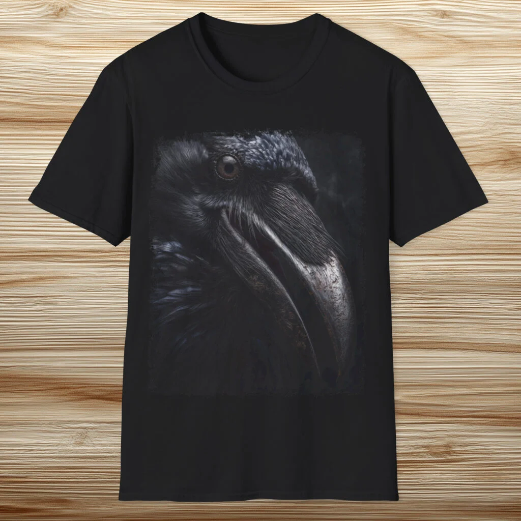 Gritty raven face close-up dark t-shirt.