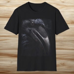 Gritty raven face close-up dark t-shirt.