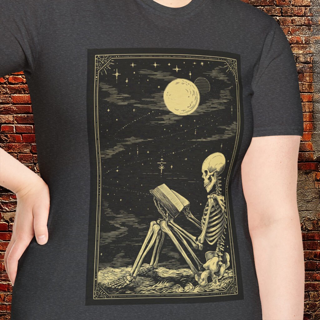 Skeleton reading book under moonlight tarot card t-shirt.
