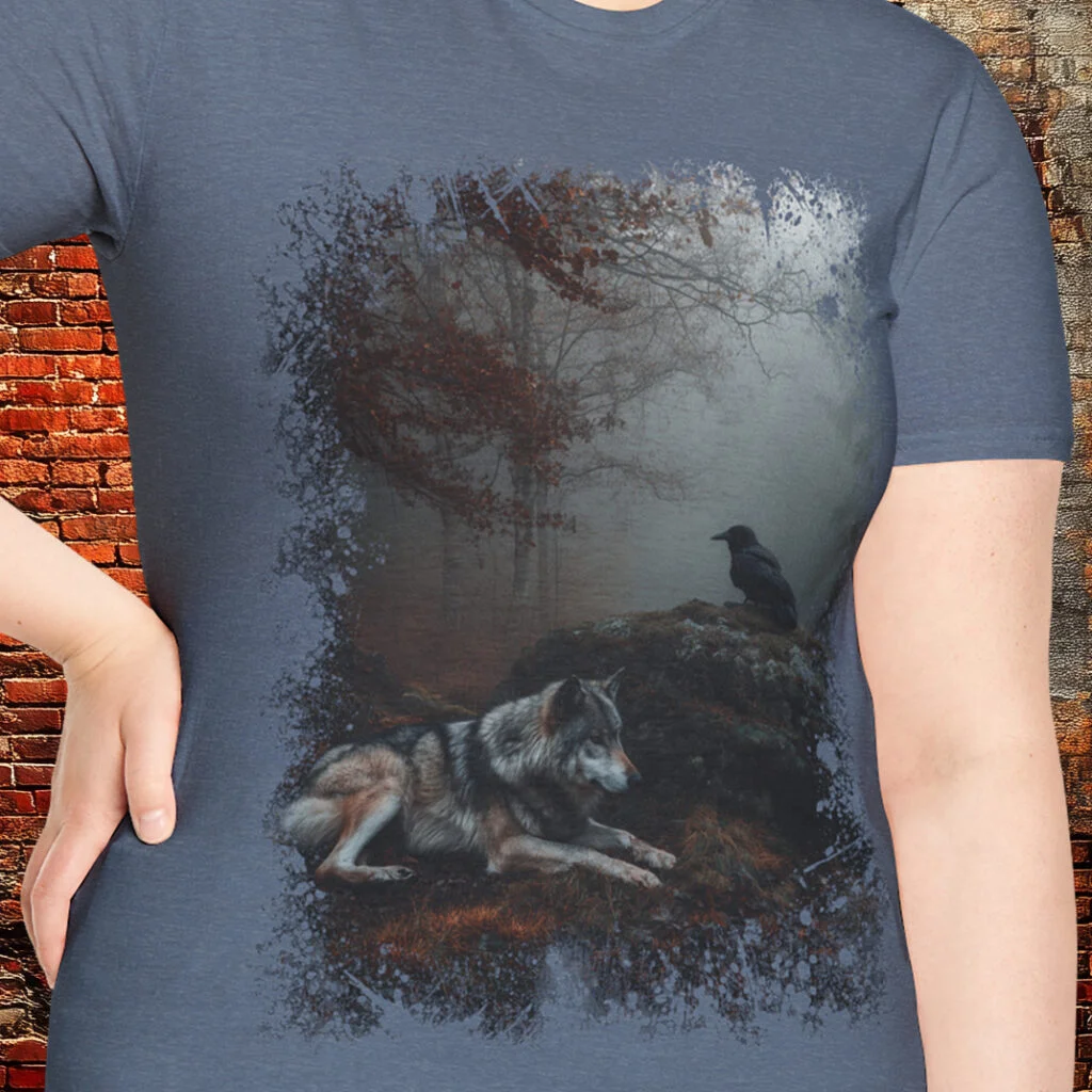 Wolf and Raven symbiotic relationship t-shirt.